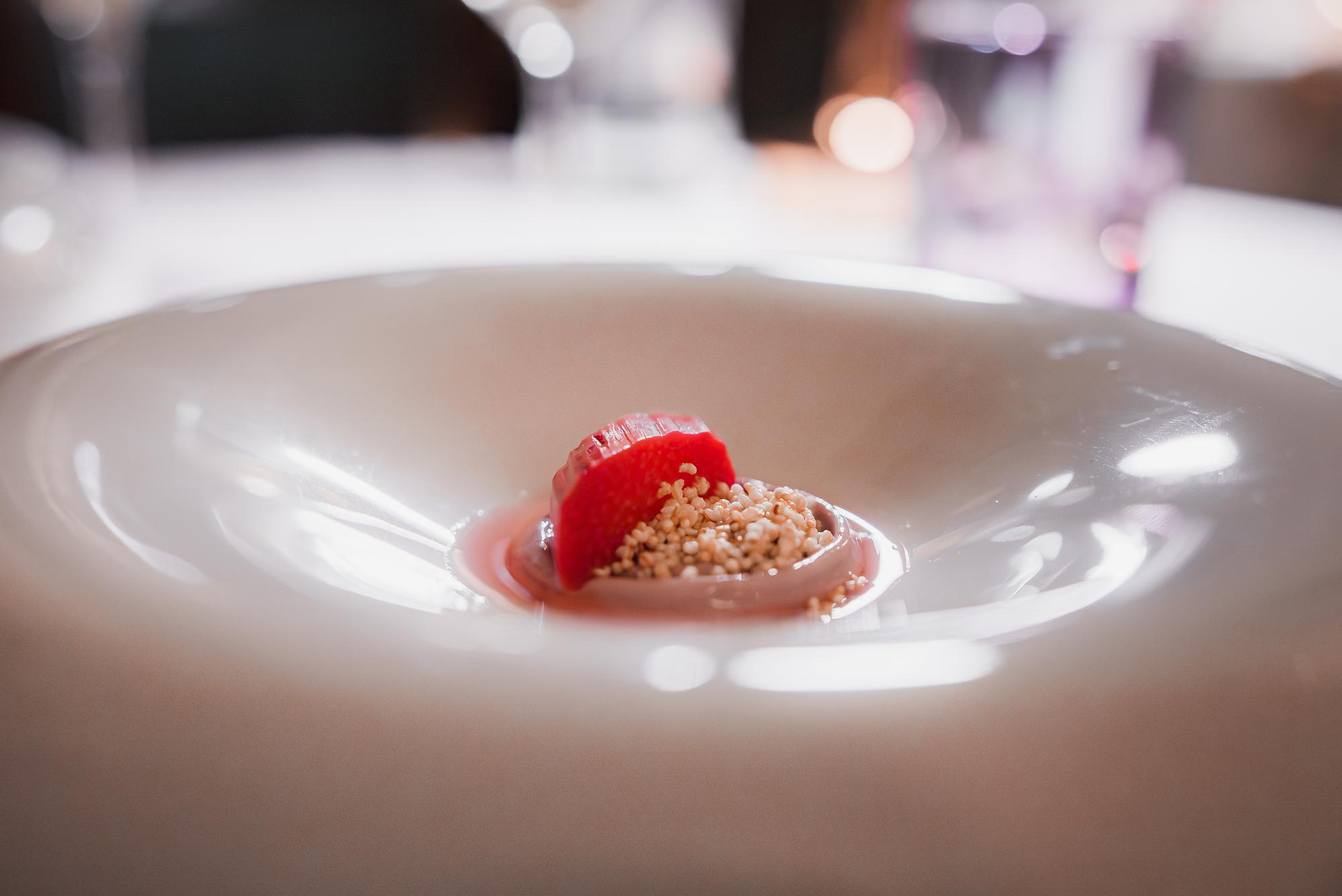 Close-up of plated experimental dish with modern plating lines