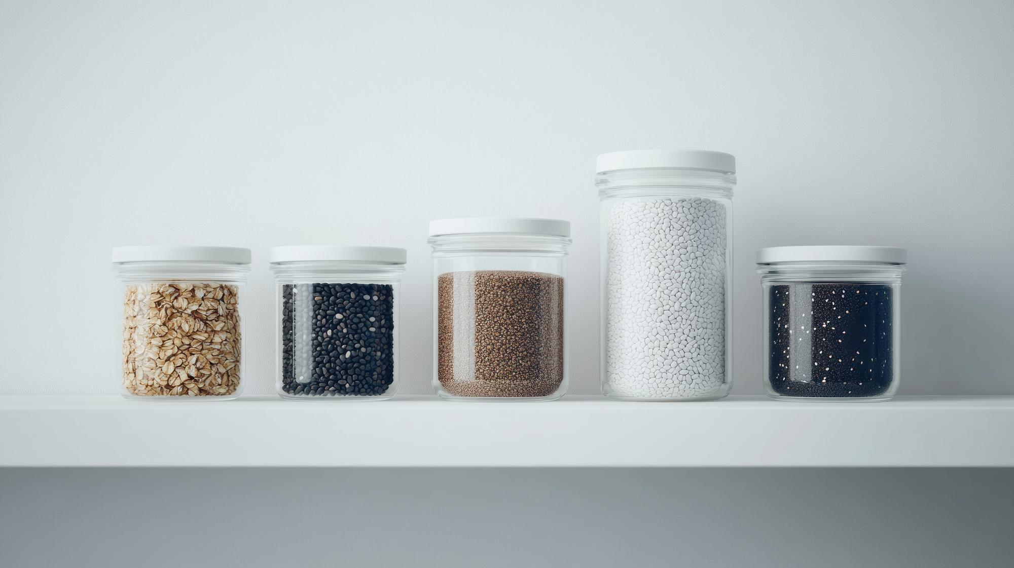 Compact smart pantry with labeled jars and thin lines styling