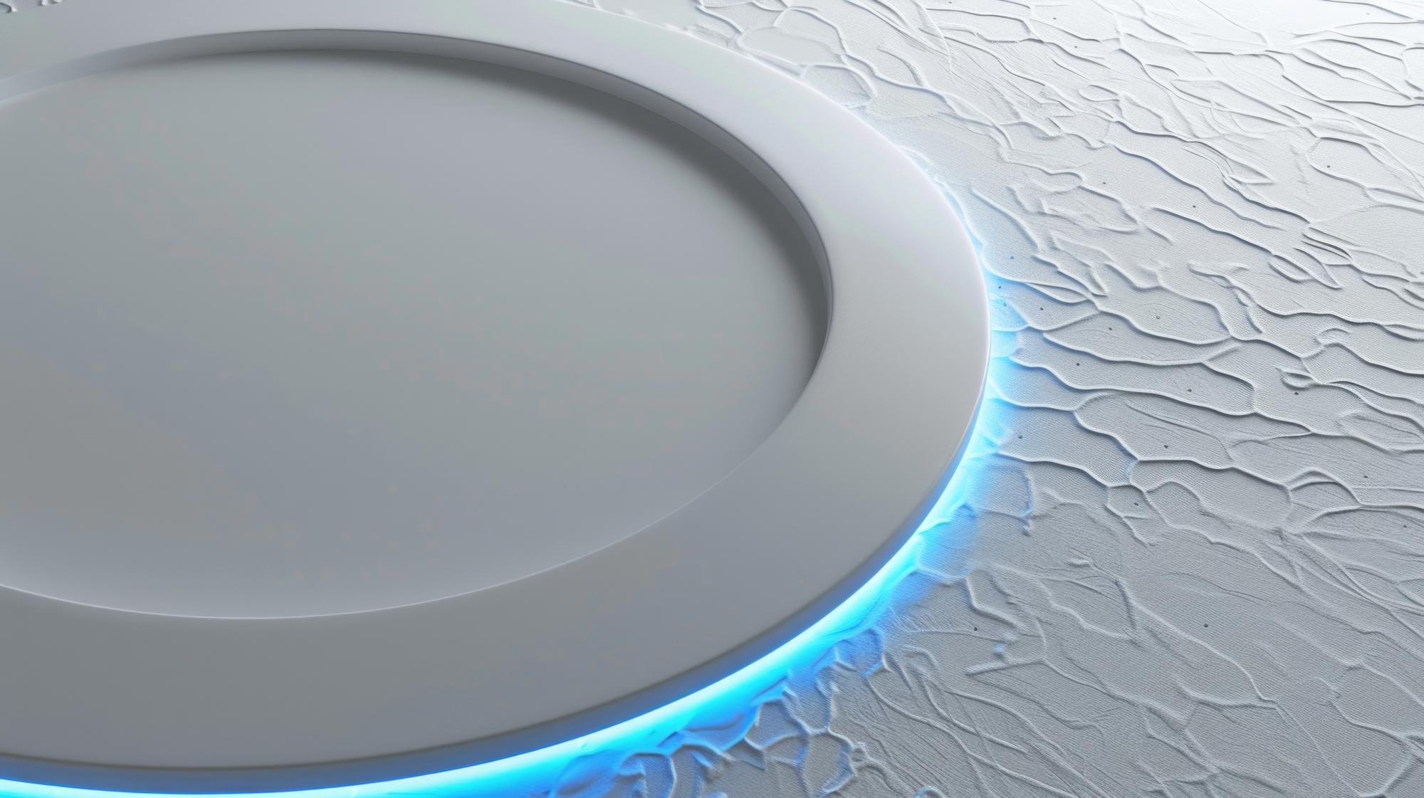 Futuristic kitchen workspace with plated dish in circular frame